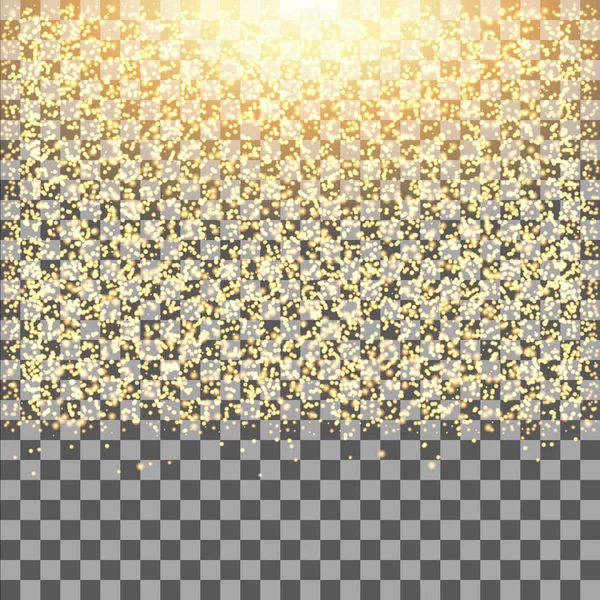 Gouden Gloed Glitter Schittert Transparante Achtergrond Vallende Stof Vectorillustratie — Stockvector