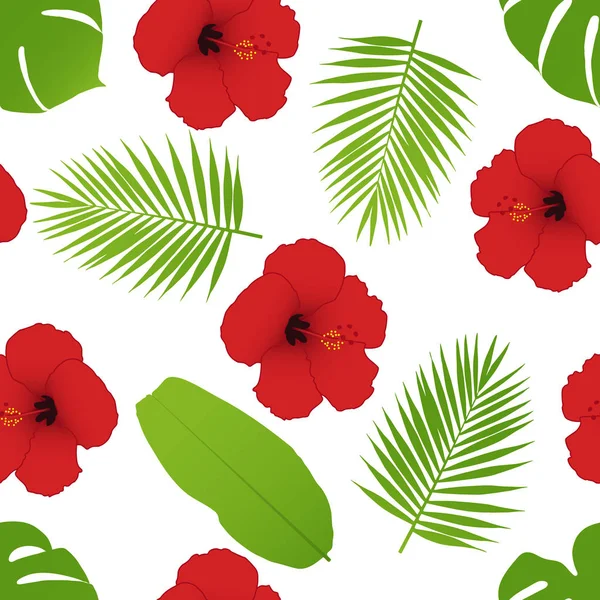 红木槿和棕榈叶无缝花纹 矢量插图 — 图库矢量图片