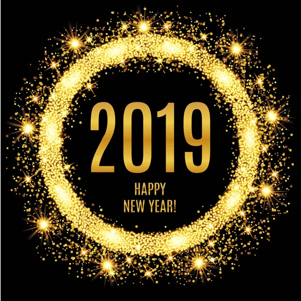 2019 幸せな新年輝くゴールドの背景 ベクトル図 — ストックベクタ