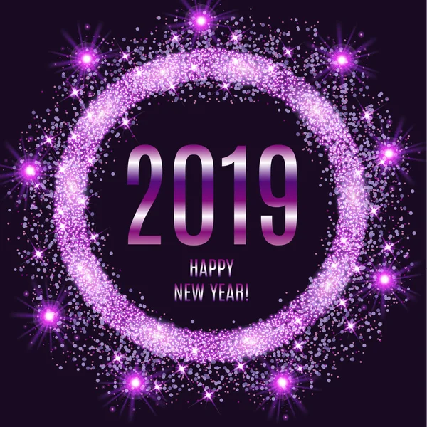 2019 新年あけましておめでとうございます輝く紫色の背景 ベクトル図 — ストックベクタ