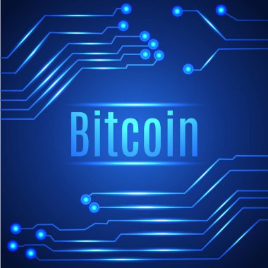 Mavi bitcoin dijital para kavramı devre kartı üzerinde. Vektör çizim.