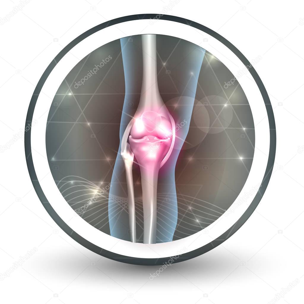 Knee joint health care icon, abstract transparent shapes and wave at the background