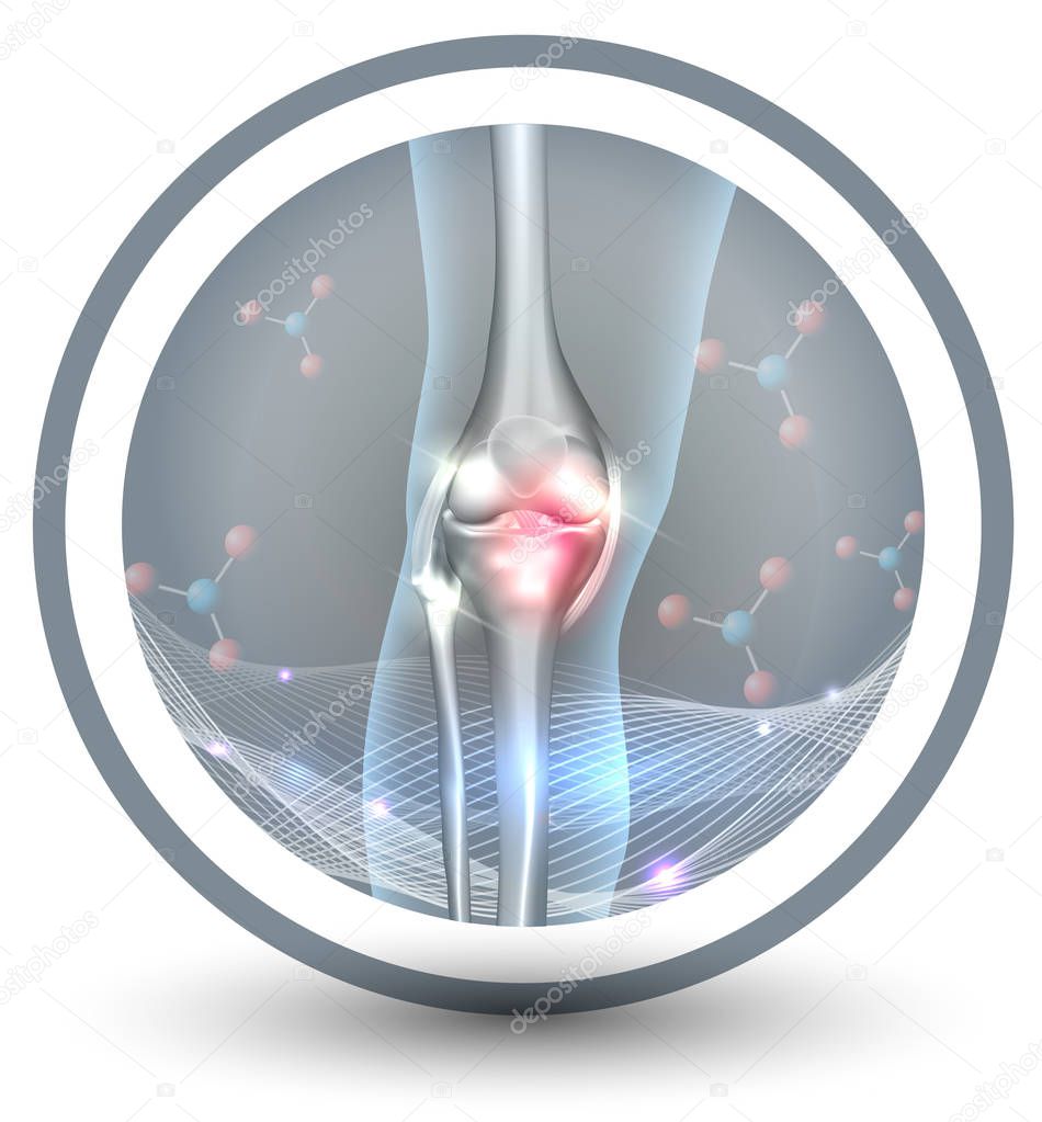 Joint health care icon, beautiful abstract design, wave and molecules at the background