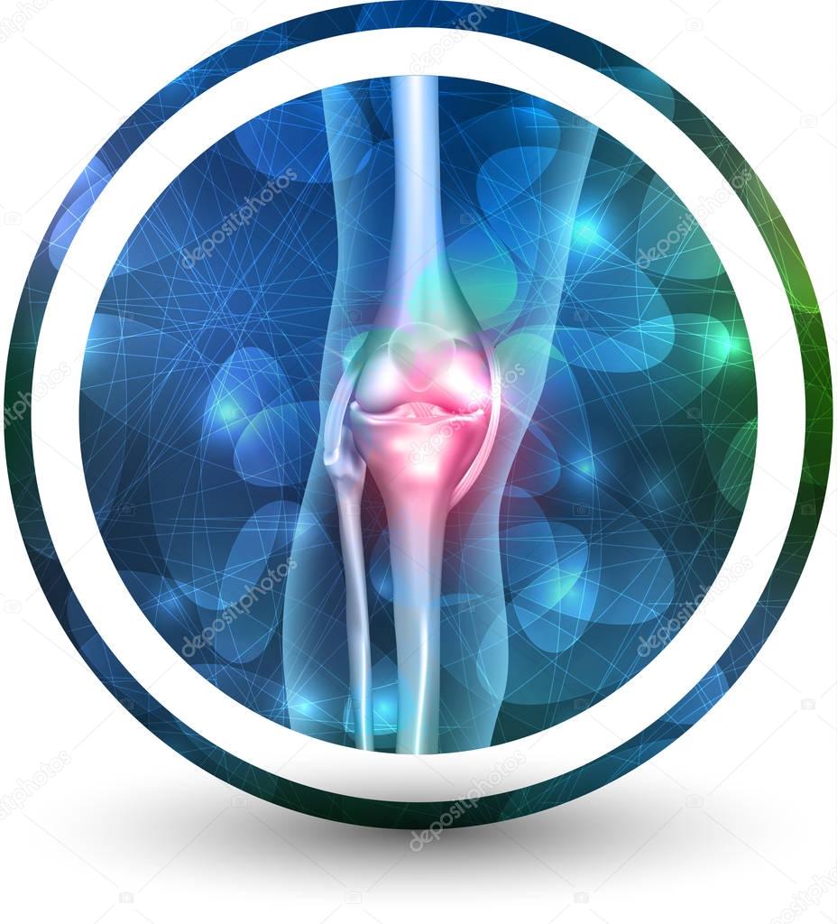 Joint health care icon, abstract transparent overlay shapes and glow at the background