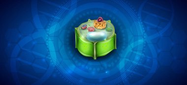 Hücre yapısı, bitki kesit hücrenin ayrıntılı bir soyut mavi bilim arka plan üzerinde renkli anatomisi