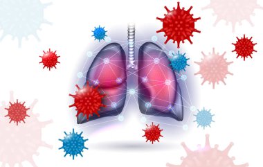 Coronavirus tedavi konsepti soyut tasarım parlak arka plan. Coronavirus solunum yolu enfeksiyonuna, akciğerlerin etrafındaki soyut ağ çizgilerine ve tedavi konseptine neden olabilir..