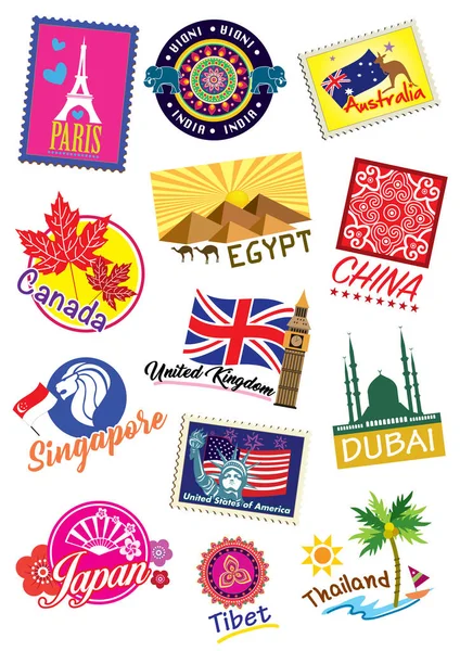 Világ ország utazási landmark címke beállítása Jogdíjmentes Stock Vektorok