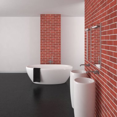 tuğla duvar ve koyu zemin ile modern banyo 