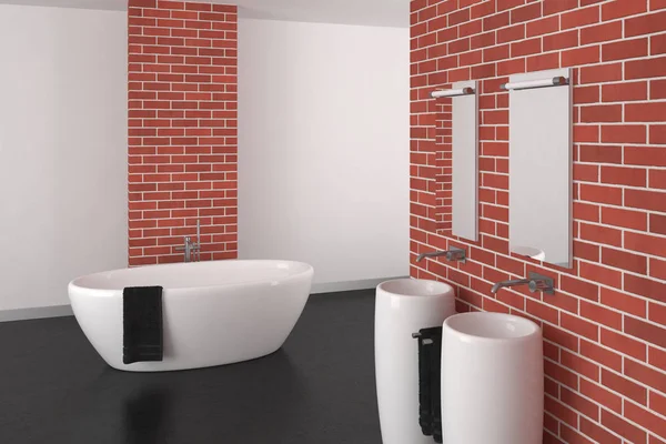 Moderna casa de banho com parede de tijolo e piso escuro — Fotografia de Stock