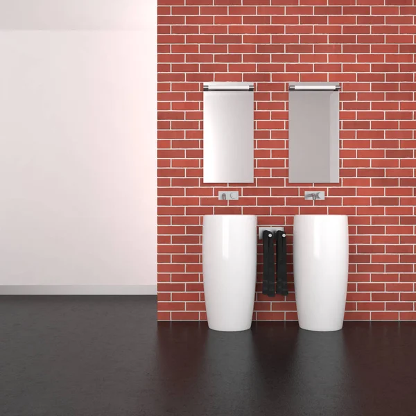 Modern bathroom with brick wall and dark floor — Stock Photo, Image