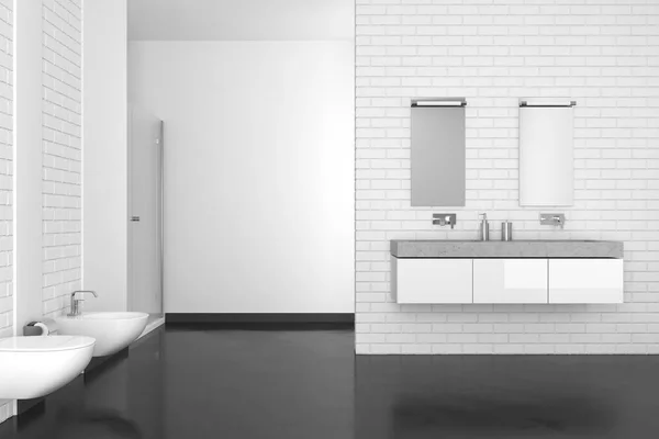 Moderno cuarto de baño con pared de ladrillo blanco y suelo oscuro —  Fotos de Stock