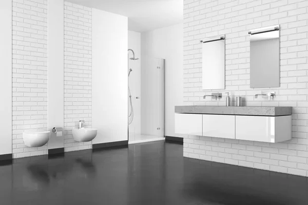 Moderno cuarto de baño con pared de ladrillo blanco y suelo oscuro — Foto de Stock