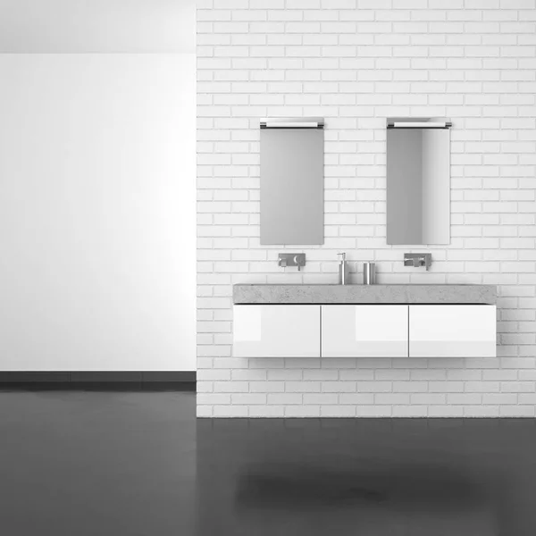 Moderno cuarto de baño con pared de ladrillo blanco y suelo oscuro — Foto de Stock