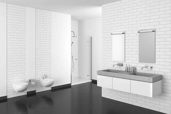 Moderno cuarto de baño con pared de ladrillo blanco y suelo oscuro — Foto de Stock