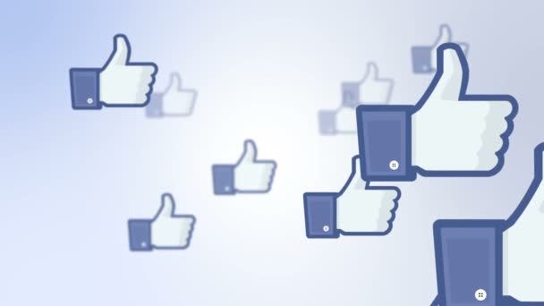 Facebook как большие пальцы, пролетающие мимо на синем белом фоне — стоковое видео