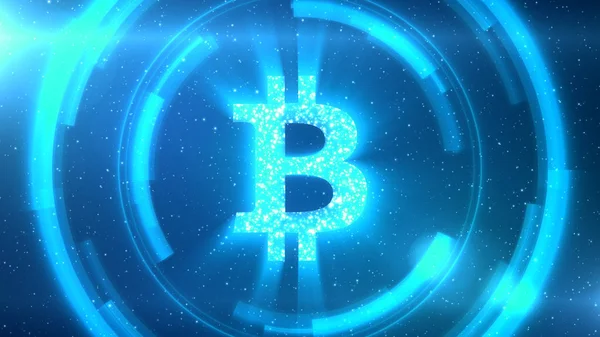 Blu Bitcoin simbolo sullo sfondo dello spazio con elementi HUD . — Foto Stock