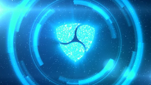 Синий символ NEM на космическом фоне с элементами HUD . — стоковое фото