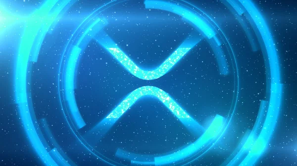 Simbolo blu Ripple XRP sullo sfondo dello spazio con elementi HUD . — Foto Stock