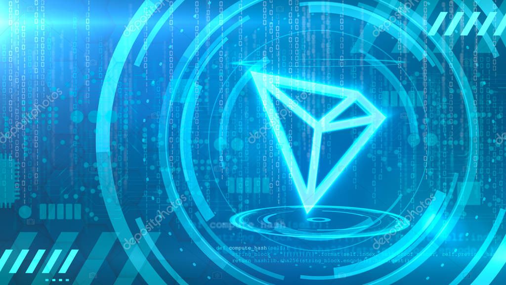 TRON symbol on a cyan background with HUD elements related to computer technology.