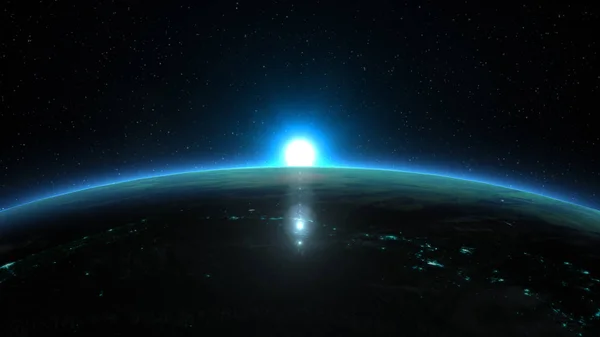 Hermoso amanecer azul sobre el planeta Tierra, ilustración 3D —  Fotos de Stock