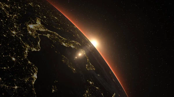Hermosa Vista Desde Espacio Del Sol Levantándose Sobre Planeta Tierra —  Fotos de Stock