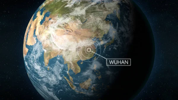 삽화는 우주에서 중국의 수도인 후베이 우한의 위치를 묘사하고 우한은 2019 — 스톡 사진