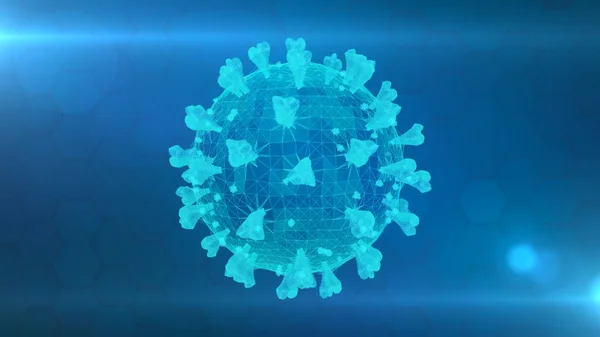 青い背景に1つのコロナウイルス粒子の3Dワイヤーフレーム — ストック写真