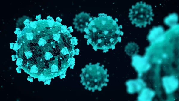 Múltiples Partículas Coronavirus Color Cian Sobre Fondo Azul Oscuro Renderizado — Foto de Stock