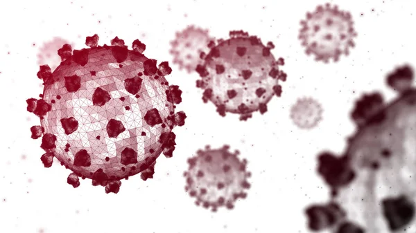 Múltiplas Partículas Coronavírus Vermelho Escuro Num Fundo Branco Renderização Wireframe — Fotografia de Stock