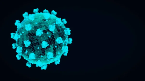 Cyan Colored Coronavirus Particle Dark Blue Background Wireframe Render Copyspace — Stock Photo, Image