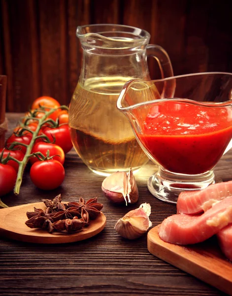 Everything on wood table for the preparation of acute Italian sa — Stock Photo, Image