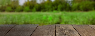 (Focu güneşli bir yaz bahçesinde boş eski ahşap masa