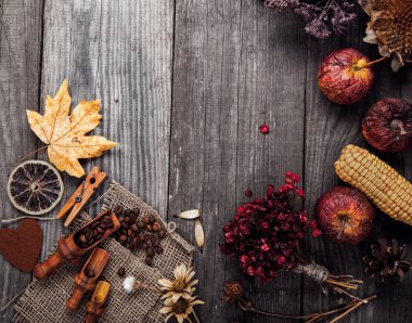 kuru bitki ve meyve natürmort ahşap bir masa üzerinde üzerinden görüntülemek