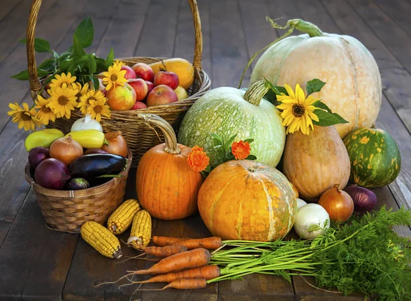 sonbahar kabaklar ve diğer meyve ve sebze ahşap bir masa üzerinde