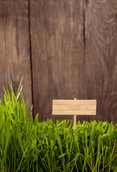 Szyld na tle trawy z desek drewnianych, świeży zielony trawnik n — Zdjęcie stockowe