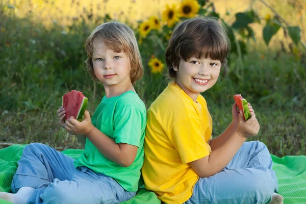 Joyeux enfant mangeant pastèque dans le jardin. Deux garçons avec des fruits dans — Photo