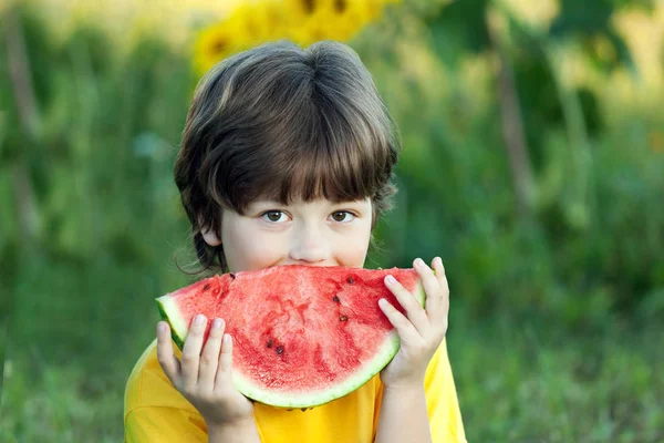 Criança feliz comendo melancia no jardim. Menino com frutas ao ar livre — Fotografia de Stock