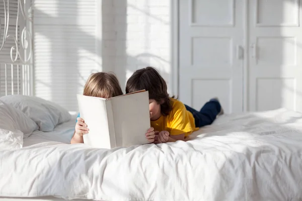 Δύο αγόρι διαβάσει βιβλίο σε εσωτερικούς χώρους — Φωτογραφία Αρχείου