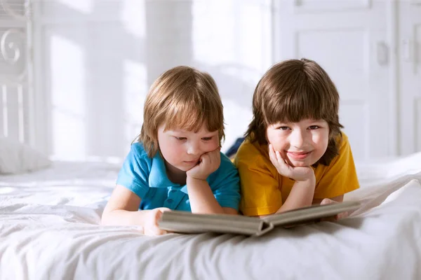 Два хлопчика читають книгу в приміщенні — стокове фото