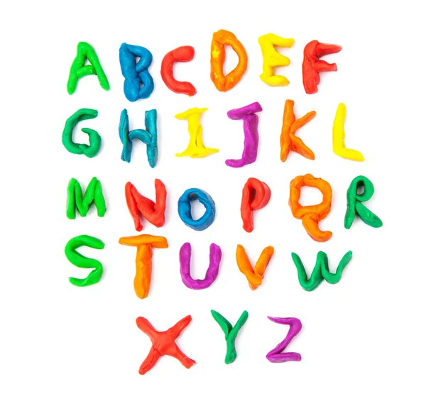 英語のアルファベットが白の表現に粘土の子供からかぎ針編み — ストック写真