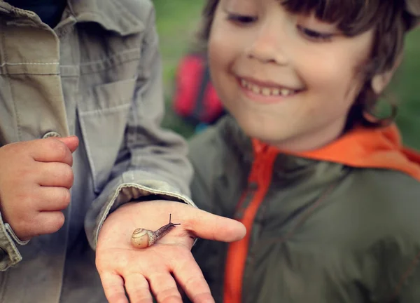 Children learn snail, focus on snail — Stock Photo, Image