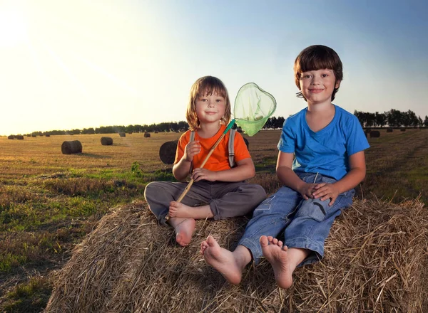 2 jongens in een hooiberg in het veld — Stockfoto