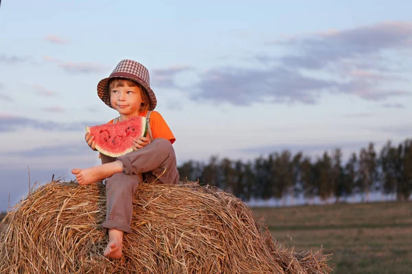 Boy eating watermelon — Stok fotoğraf