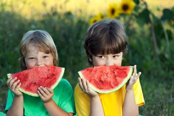 Criança feliz comendo melancia no jardim. Dois meninos com frutas em — Fotografia de Stock