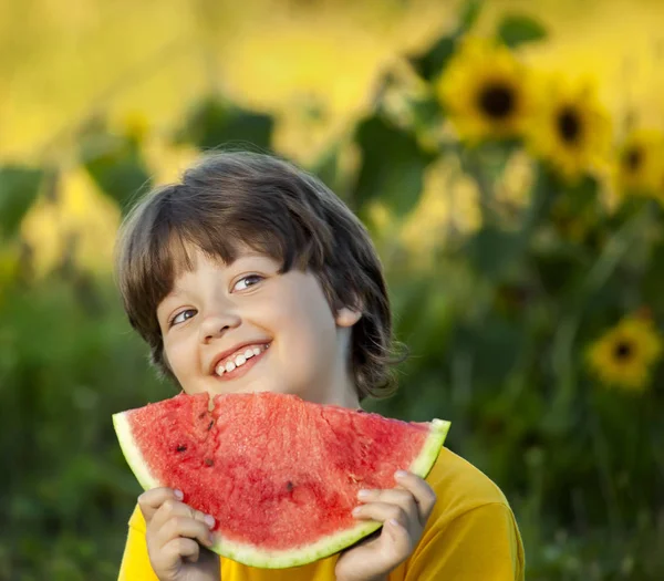 Happy child eating watermelon in garden. Boy with fruit outdoors — Stock Photo, Image