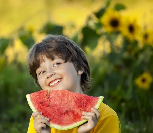 Criança feliz comendo melancia no jardim. Menino com frutas ao ar livre — Fotografia de Stock