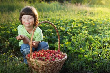 neşeli çocuk ile meyve sepeti