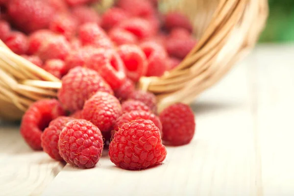 Fraises dans un panier sur la table dans le jardin — Photo