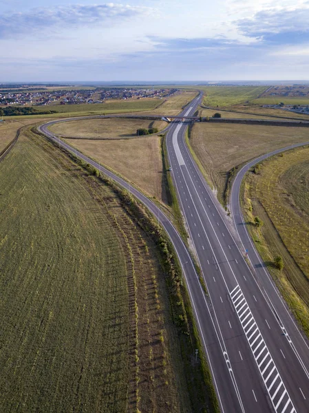 Aerial Top View of highway intersection junction summer morning — Stock Photo, Image