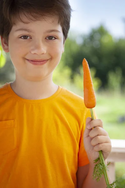 Ragazzo felice che morde la carota, un bambino con un vegetale. Mangiare bambino — Foto Stock